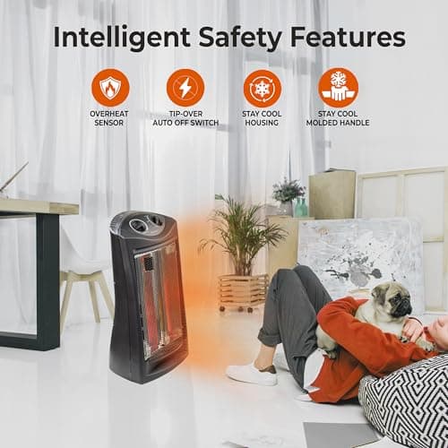 Comfort Zone Space Heaters for Indoor Use, Portable Electric Heater, Adjustable Thermostat, Infrared Heat, Quartz Tower Space Heater with 2 Heat Settings, Bedroom Heater, Black 6