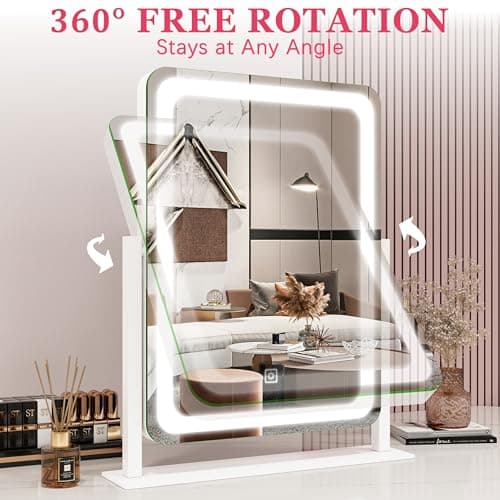 ROLOVE Vanity Mirror with Lights, 12.6"x15" LED Makeup Mirror with Lights, Smart Touch Control 3 Color Dimmable, Lighted Desk Mirror for Bedroom, Light Up Mirror 5