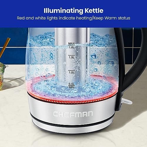 Chefman Glass Electric Kettle for Boiling Water, 1.8L 1500W, with Tea Infuser, Keep Warm Function, Auto Shut Off, Boil-Dry Protection, BPA Free, Hot Water Boiler, Electric Tea Kettle - Stainless Steel 6