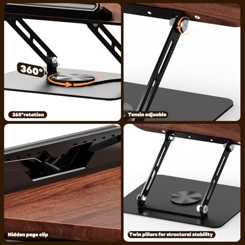 Abiglifty Book Stand for Reading,Adjustable Book Holder with 360° Rotating Base,Foldable Book Holder Stand for Cookbook,Textbook,Tablets, Laptops (Dark Wood) 6