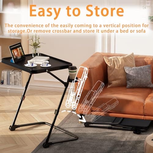 FRESMINT TV Tray Table with Cup Holder Adjustable Folding, TV Dinner Tray for Living Room,Small Space,Office.Portable TV Tray with 4 Height and 3 Angle Adjustments, Black 6