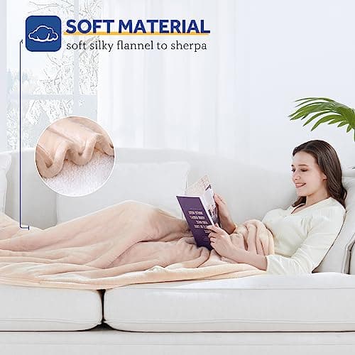 Sealy Electric Blanket with Foot Pocket for Adults, Flannel & Sherpa Heated Blanket Throw with 6 Heating Levels & 2-10 Hours Auto Shut Off, Fast Heating & Machine Washable, 50x62 Inch, Beige 6