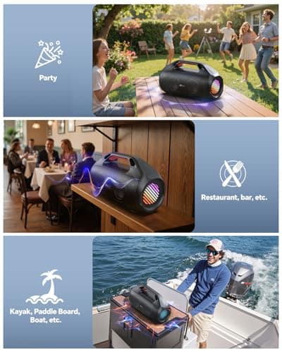 dbsono 100W Bluetooth Speaker, Outdoor Wireless Boombox with Powerful Bass, RGB Lights, IPX7 Waterproof|30H Playtime|USB-C|TWS|AUX, Portable for Party, Camping, Pool, Beach, Backyard-Black 6