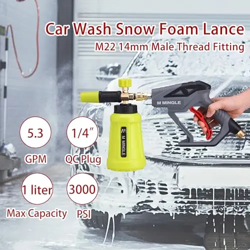 M MINGLE High Pressure Washer Gun Snow Foam Lance, 4000 PSI Cannon Foam Blaster Power Washer with 1/4" Quick Connector, Car Wash Foam Cannon Kit with 5 Pressure Washer Nozzle Tips, 1 Liter 6