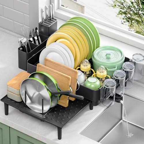 Urackify Dish Drying Rack for Kitchen Counter, 304 Stainless Steel Dish Rack, Expandable Dish Drainer, Foldable Dish Strainer with Cutlery Holder, Kitchen Plate Rack (Black, Large Size)