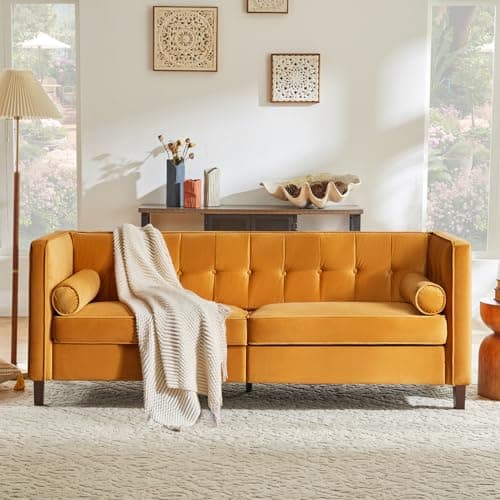 Kingfun 69" Velvet Loveseat Couch, Mid-Century Sofa, Livingroom Furniture with Bolster Pillows, Button Tufted Love Seats, Toolless Assembly, Ginger