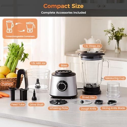 Sweetcrispy Food Processor Blender Combo for Vegetable, Dough, Electric Food Processors Slicing, 6 Cup Chopper for Meat, Puree, 2 Speeds, Sharp Blades, Safety Lock with 1.5L Glass Jar 7