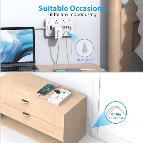 SMNICE Power Strip with USB,Surge Protector Flat Plug with 8 Widely Spaced Outlets and 6 USB Ports(1 USB C), 5ft Extension Cord Wall Mountable Phone Tablet Laptop Computer Multiple Devices 6
