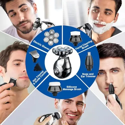 Head Shaver for Bald Men, 6 in 1 Floating Head Razor with Nose Hair, Sideburns Trimmer, Face Brush, Upgrade 7D Electric Razor for Men with Type-C Charger, LED Display & Waterproof 7
