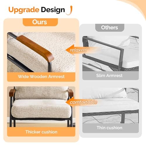 VINGLI Mid-Century Modern Accent Armchiar for Small Space, Small Comfy Upholstered Leisure Reading Chair with Wood Armrest for Bedroom, Living Room, Waiting Room, Linen Beige 6