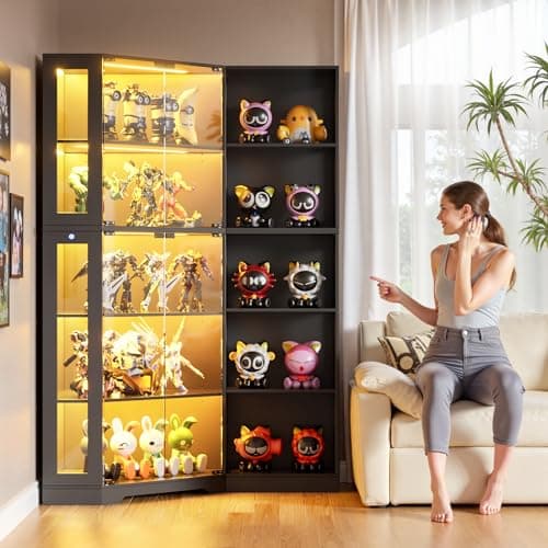 PAKASEPT Corner Display Curio Cabinet with Glass Doors, Glass Display Case with LED Lights for Collectibles,Display Storage Shelves for Living Room,Black 8