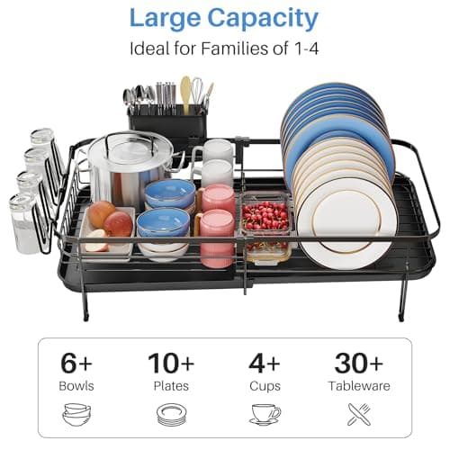 SNTD Large Dish Drying Rack - Expandable Dish Rack for Kitchen Counter, Stainless Steel Dish Drainer Rack with Utensil Holder and Cup Holder, Black 6