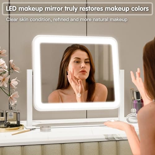 FENNIO Vanity Mirror with Lights 14"×12" Makeup Mirror with Lights,Lighted Vanity Mirror Tabletop,Smart Touch with 3-Color Lighting,Dimmable,for Vanity Desk Tabletop 6