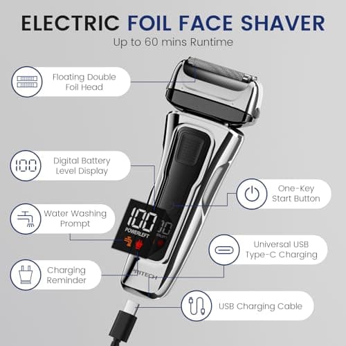 PRITECH Foil Shaver for Men, Electric Razor with Tight Foil Technology, Skin-Friendly Design, Easy Blade Replacement, Cordless Rechargeable with Pop-Up Trimmer, LED Display,Waterproof 6