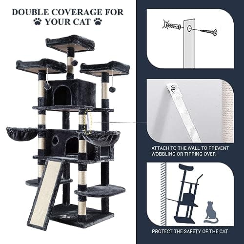 Allewie 68 Inches Cat Tree/House and Towers for Big Feline/Scratching Post/Multi-Level Large Kitty Climbing Tree with Condo/Smokey Grey 6