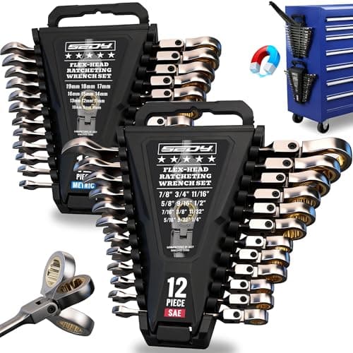 Premium 24-Piece Flex-Head Ratchet Wrenches Set with Magnetic Organizers, Metric SAE 8-19mm 1/4"-7/8", Cr-V Ratcheting Wrenches with 72 Teeth 180° Flex Head, Ratchet Combination Wrench Set for Repair