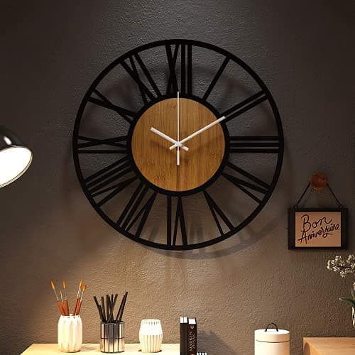 1st owned Wall Clocks for Living Room Decor,13" Vintage,Round Silent Non Ticking,Black Metal,Modern Wood Clocks for Home Bedroom,Kitchen,Garden,Office,Cafe,Modern Wall Decoration -Roman Numerals 5
