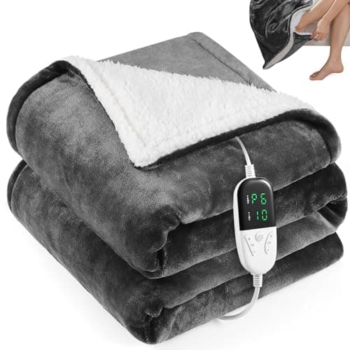 OneAmg Heated Blanket Electric Throw 52"X60",Electric Blanket with Foot Pocket,6 Heat Settings & 1-10 Hours Time Settings Auto-Off,Machine Washable Heating Blanket for Home and Office (Gray)