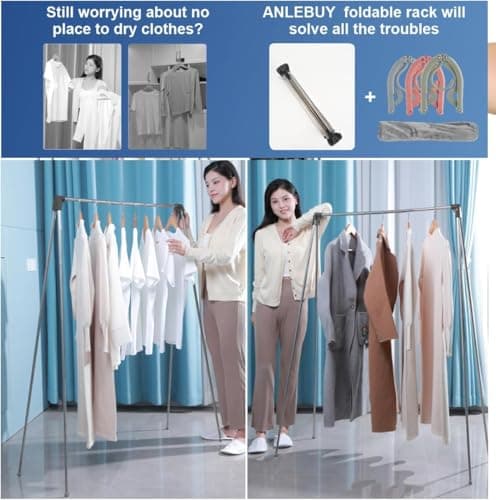 ANLEBUY Portable Garment Rack, Folding Clothes Rack, Collapsible Clothing Rack for Dance, Travel, Camping, Laundry, Indoor, Outdoor, Drying, RV, Mini Compact Racks Black + 3 Foldable Clothes Hangers 5