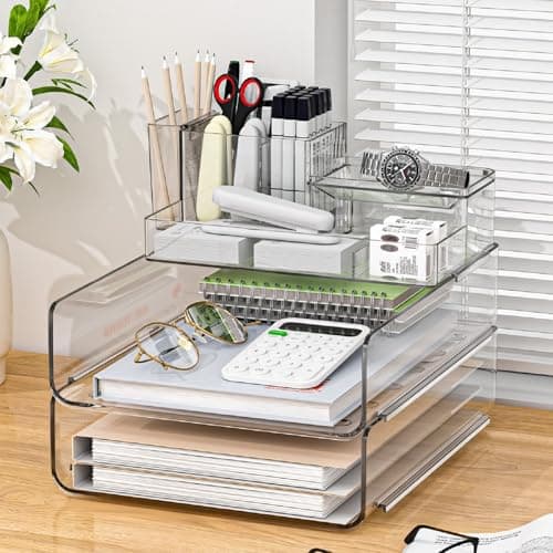 Paper Organizer Letter Tray - Acrylic Stackable Desk File Organizer with 5-Gird Tray and Pencil Holder, Clear File Organizer for Desk, Office Organizer for File Paper, Ipad, Letter, Small Item Etc
