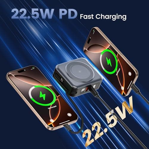 for Magsafe Portable Charger with AC Wall Plug, 6-in-1 Magnetic Wireless Power Bank 10000mAh Built-in Cables, 22.5W Type-C in&Out Fast Charging Battery Pack for iPhone 17/16/15/14/13/12 Series, Gray 3