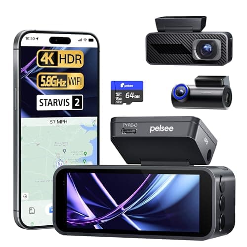 Pelsee P1 Pro 4K Dash Cam Front and Rear, STARVIS 2 Sensor, 64GB Card, Dual Dash Camera for Cars with Full-Color Night Vision, HDR WDR, ADAS, GPS, WiFi & Voice Control, 24H Parking Mode, 3.39" Screen