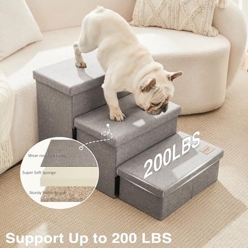 Love's cabin Dog Stairs for High Bed 18" H, Foldable Pet Stairs for Small Medium or Large Dogs Puppy with Storage for Bed or Couch, Cat Dog Steps Ramp with Zip up to 200 lbs, Solid Grey, 3 Steps 5