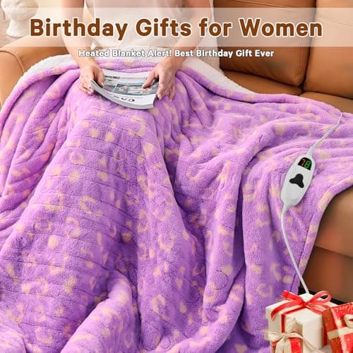 RUJIPO Leopard Print Heated Electric Blanket Twin,62X84 Purple Heating Blanket with 10 Heats Levels & 8 Hours Auto Off,Cute Cheetah Decor Sherpa Blankets Warmer Gifts for Women Couch Office,Washable 7