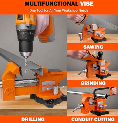 AV Steel 4-1/2" Bench Vise with 240° Flexible Swivel Locking Base and Anvil, High-Strength Multi-Purpose Workbench Vise Heavy-Duty, Cast Iron Workbench for Woodworking, Drilling, Pipe Cutting 6