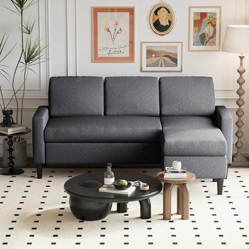 Shintenchi Convertible Sectional Sofa Couch with Ottoman, L Shaped 3 Seat Sofa, Upholstered Fabric, Small Couch for Apartments, Living Room and Office (Black)