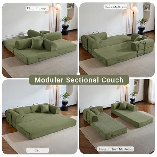 NNQ Compressed Sofa, Convertible Sofa Bed, Corduroy Compression Boneless Couch with Pillow, Comfy Modular Foldable Floor Sleeper Sofa for Bedroom, Living Room, Lounge, Studio (Light Green) 6