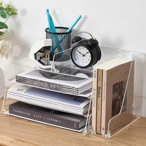 ACRYLATO, Acrylic Desk Organizer - 4-Tier Tray with Vertical File Holder for Books, Stationary, Letter, Magazines, Documents, and File Organizer - Durable Space Saving Storage, For Home and Office