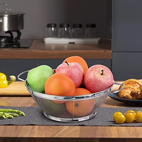 3 Pack 18/8 Stainless Steel Colander Sieves(5-Quart, 4-Quart and 3-Quart), Mesh Strainer Net Baskets with Handles & Resting Base for Strain, Drain, Rinse or Steam 8