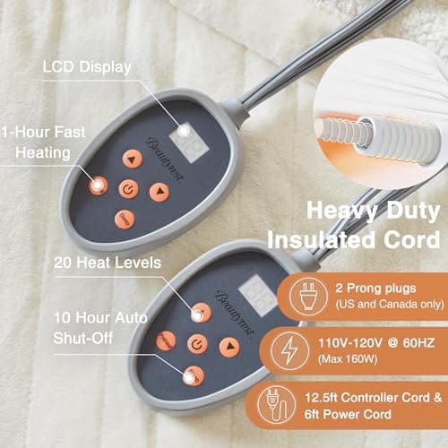 Beautyrest Heated Blanket, Electric Blanket, Soft, Warm, Reversible Plush - Sherpa Heating Blanket with 20 Heat Settings, 1-10 hrs Timer Auto Shut Off, Machine Washable, King (90 inx100 in), Ivory 5