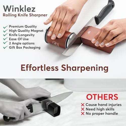 Rolling Knife Sharpener with Diamond and Ceramic Discs, Kitchen Knife Sharpener with 15° & 20° Magnetic Angles, Strong Knife Sharpening Kit (Brown) 7
