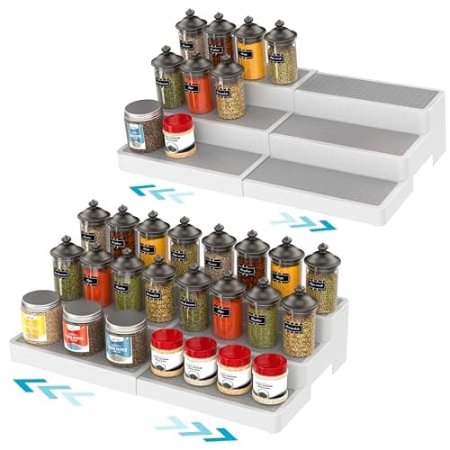 YAN & HIN Expandable Spice Rack Organizer for Cabinet (2 Pack), 3-Tier Tiered Spice Shelf Organizer with Non-Skid Surface, Adjustable Pantry Organizer for Spices, Cans & Medicine Cabinet