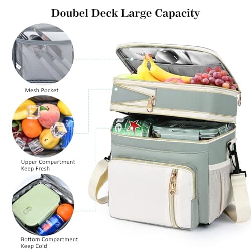 BAGNN Lunch Box & Lunch Bag for Women Men, Large Insulated Adult Lunch Box Leakproof Lunchbox Cooler Bag for Work Picnic Beach,16L, Olive Green & White 9