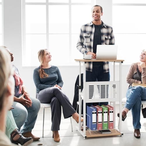 Tangkula Small Standing Desk, Height Adjustable Teacher Podium Stand, Compact Standing Table Lectern Podium, Laptop Desk with Footrest, Suitable for Sitting or Standing 7