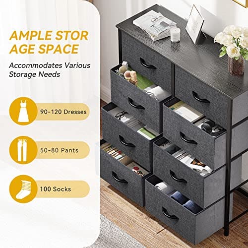 DWVO Dresser for Bedroom, Fabric Dresser with 8 Drawers, Tall Dresser, Double Dresser, Chest of Drawers for Closet, Living Room, Sturdy Steel Frame, Wooden Top, Easy Pull Handle, Black Ash 6