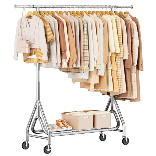 JIEJIERUI Heavy Duty Clothing Rack, Metal Clothes Rack Load 450 LBS, Rolling Coat Racks for Hanging Clothes with Lockable Wheels, Wardrobe Closet Garment Racks for Bedroom, Silver