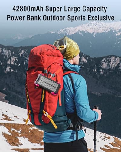 Sudrov Solar Charger Power Bank, 42800mAh Wireless Portable Charger with USB-C in/Output, QC3.0 Fast Charging 15W 4 Ports Outdoor Battery Pack Built-in Dual Led Flashlights for iPhone Samsung etc Red 7