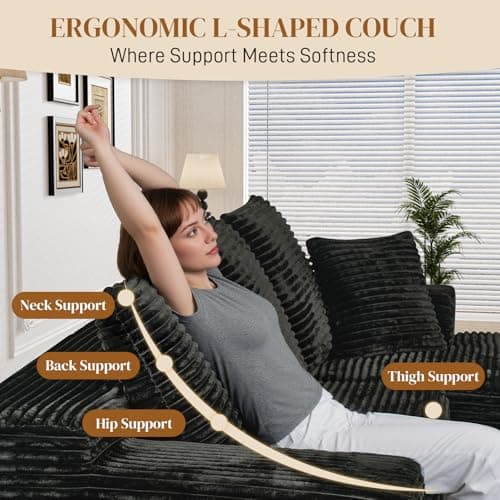Repantes 108" L Shaped Boneless Sectional Couches for Living Room, Comfy Corduroy Floor Cloud Sofa with Chaise, Wide Armrest, Deep Seat, Memory Foam, Assembly Free, Ideal for Small Spaces, Black 5