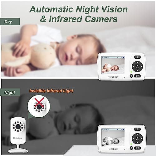 HelloBaby HB30 Video Baby Monitor with Digital Camera and Audio, No WiFi No App Safety Baby Monitor, 8 Languages, Auto Night Vision, 1000ft Transmission Range, 2.4 inch Portable Screen 5