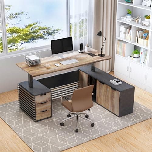 ONNAHOMEStlyle 70.87IN Adjustable Heigh L Shaped Executive Desk w/Cabinet Storage, Modern Computer Standing Home Office Desk w/File Cabinet, AC/USB, Large Writing Table Business Workstation