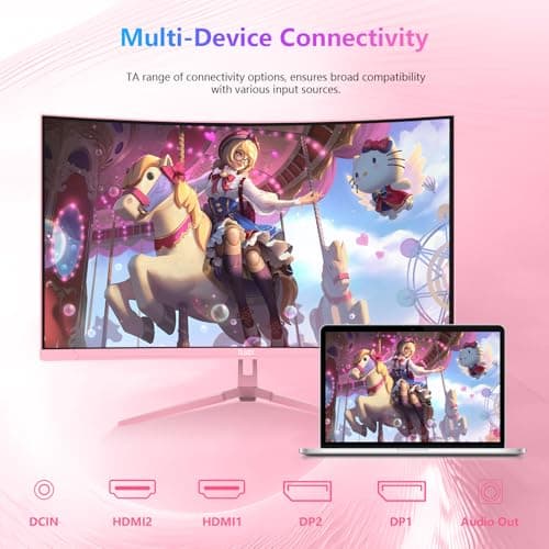 DJiEX 27 inch Curved Pink Gaming Monitor 100Hz,QHD(1920 ×1080),1ms,1500R,VA Screen,FreeSync,Low Blue Light, Flicker Free,Eye-Care, DP, HDMI Port for Gaming Home Office,Supports Wall Mount (75 * 75mm) 9