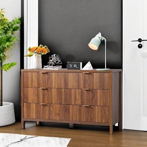 6 Drawer Dresser Cabinet, Long Nightstand with Drawers and Storage Cabinet, Farmhouse Solid Wood Dresser TV Stand, Mid Century Modern Nightstand with 6 Drawer Side Table for Bedroom Closet (Walnut) 5