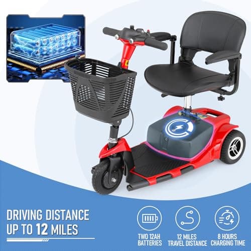 monicare 3-Wheel Folding Mobility Scooter for Adults 12-Mile Long Range Foldable Heavy-Duty Mobility Scooter for Seniors with Basket (Red) 6