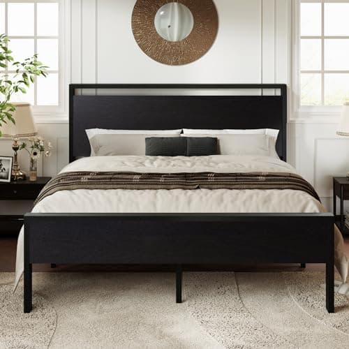 Allewie Queen Size Platform Bed Frame with Wooden Headboard and Footboard, Heavy Duty 12 Metal Slats Support, No Box Spring Needed, Under-Bed Storage, Noise Free, Easy Assembly, Black Oak