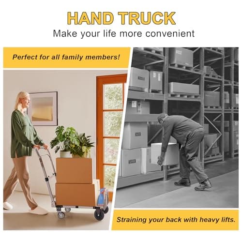 Upgraded 3 in 1 Aluminum Folding Hand Truck, 600lbs Capacity, Heavy Duty Convertible Dolly with Retractable Handle and 4 Rubber Wheels, Collapsible Cart for Moving Home, Office, Warehouse (Black) 8
