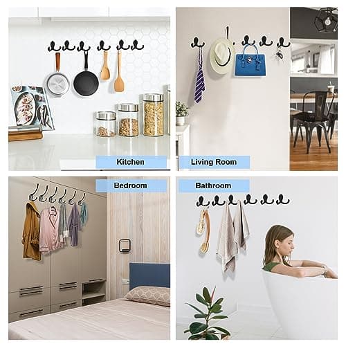 Kruodop 4 Pack Wall Hooks Wall Mounted Coat Hooks for Hanging Heavy Duty, Black Towel Hooks, Metal Double Coat Hanger with Screws Cup Retro for Coats, Handbags, Towels, Hat 7